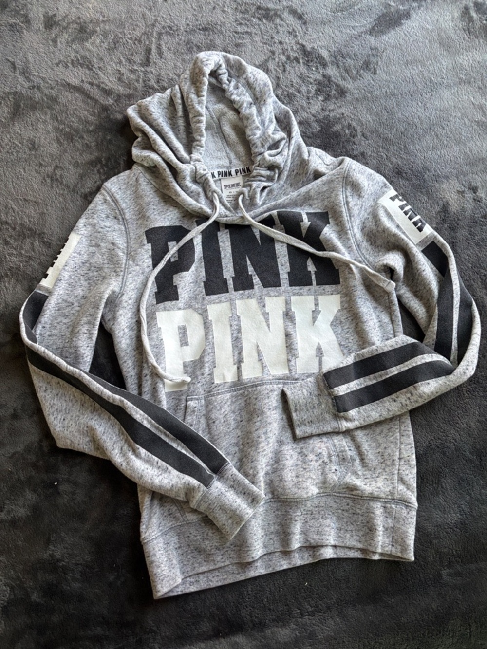 PINK Victoria's Secret Gray Logo Pullover Hoodie with Black Sleeve Stripes